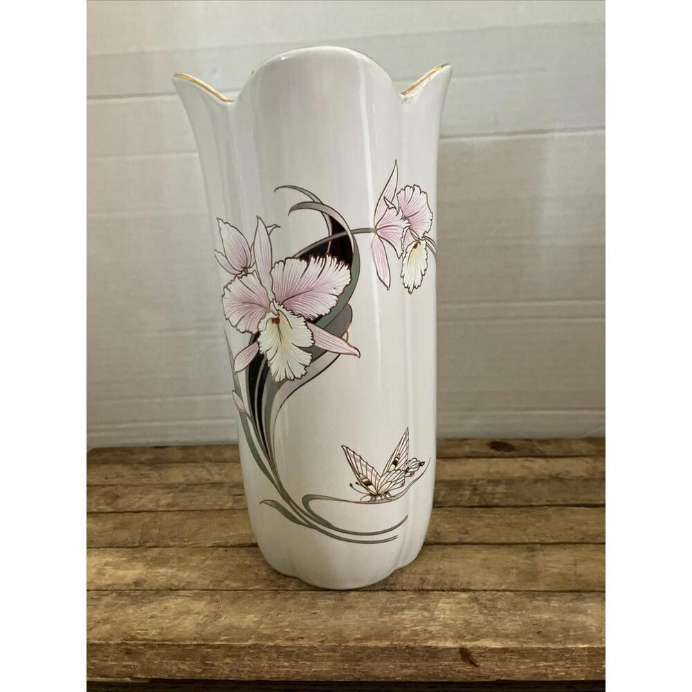 Vintage Fine China Japan Porcelain Flower Vase Butterfly Pink Gold Beautiful